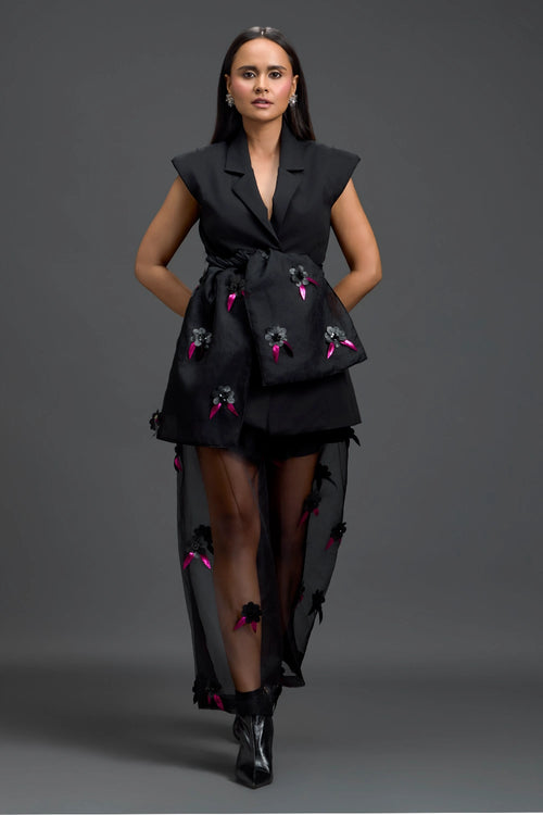 Black Blazer Shorts and Floral Organza Pants Set