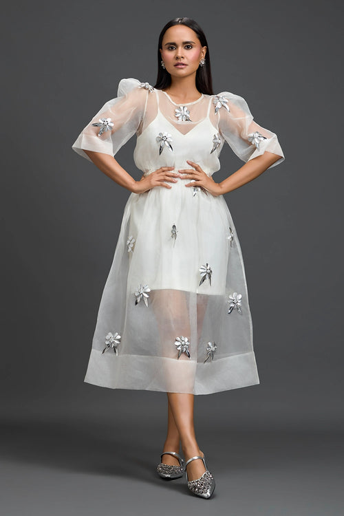 White Layered Organza 3D Floral Dress
