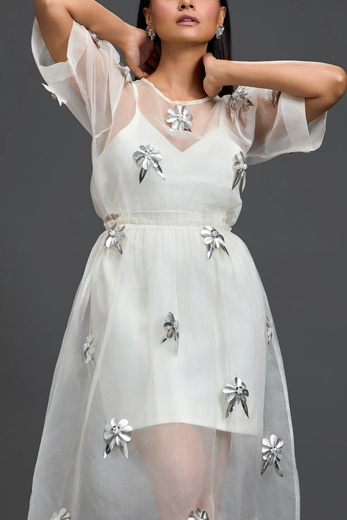 White Layered Organza 3D Floral Dress