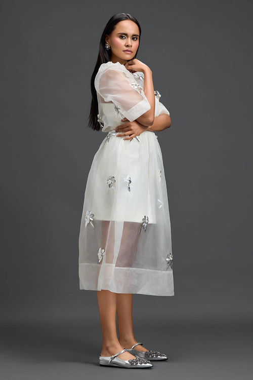 White Layered Organza 3D Floral Dress