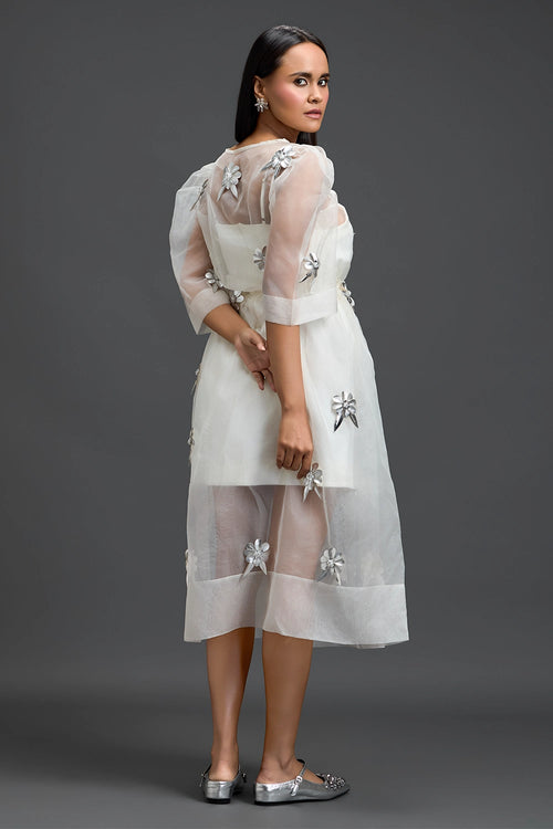White Layered Organza 3D Floral Dress