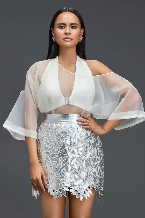 White Halter Organza Top and Silver Cutwork Skirt Set