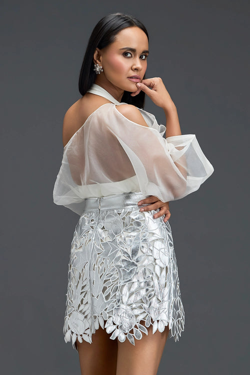 White Halter Organza Top and Silver Cutwork Skirt Set