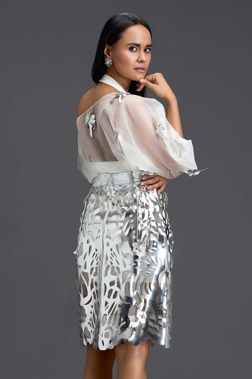 White Halter Organza Top and Silver Laser-Cut Skirt Set