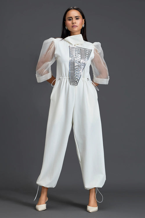 White Organza Puff Sleeve Metallic Panel Jumpsuit
