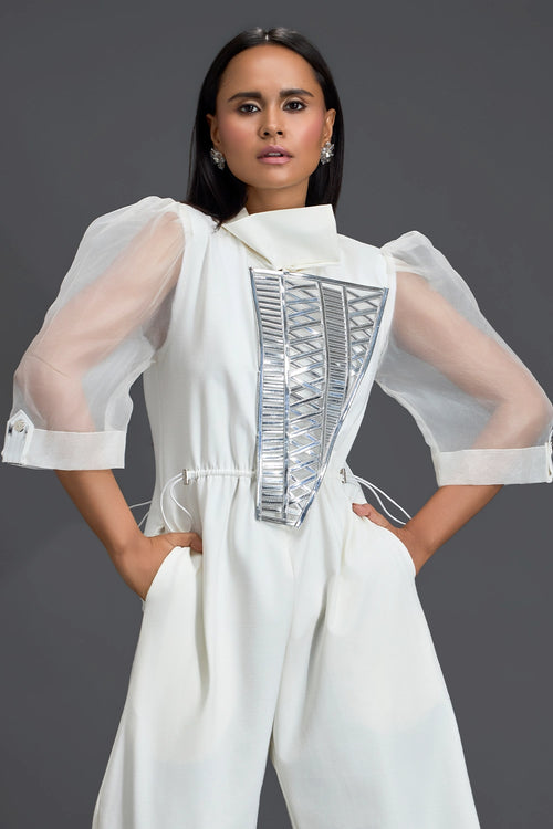 White Organza Puff Sleeve Metallic Panel Jumpsuit