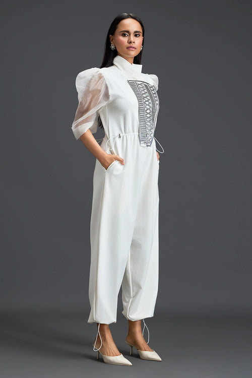 White Organza Puff Sleeve Metallic Panel Jumpsuit