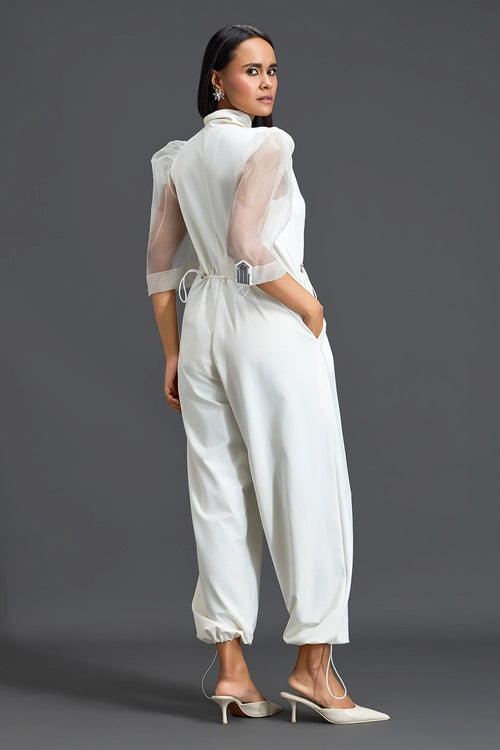 White Organza Puff Sleeve Metallic Panel Jumpsuit