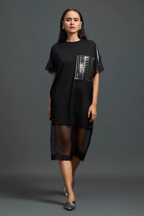 Black Oversized Dress with Sheer Hem and Gunmetal Pocket