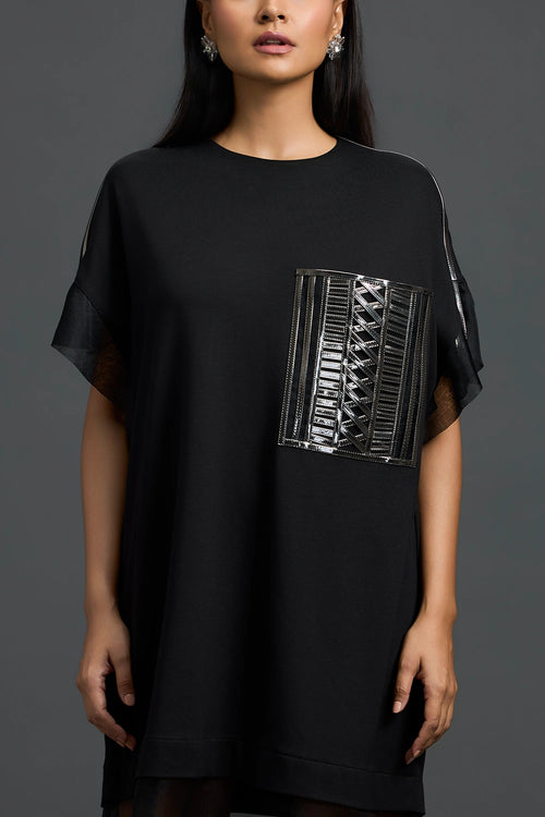 Black Oversized Dress with Sheer Hem and Gunmetal Pocket