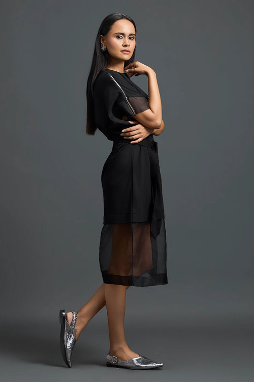 Black Oversized Dress with Sheer Hem and Gunmetal Pocket