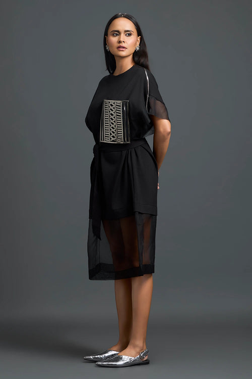 Black Oversized Dress with Sheer Hem and Gunmetal Pocket
