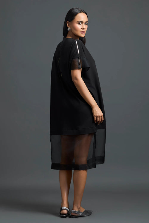 Black Oversized Dress with Sheer Hem and Gunmetal Pocket
