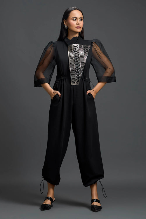 Black Organza Puff Sleeve Metallic Panel Jumpsuit