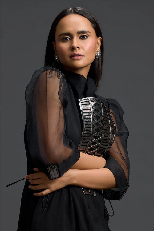 Black Organza Puff Sleeve Metallic Panel Jumpsuit