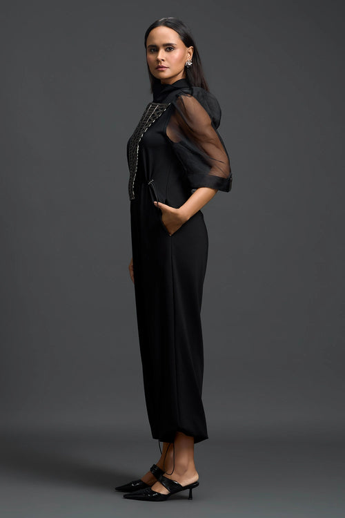 Black Organza Puff Sleeve Metallic Panel Jumpsuit
