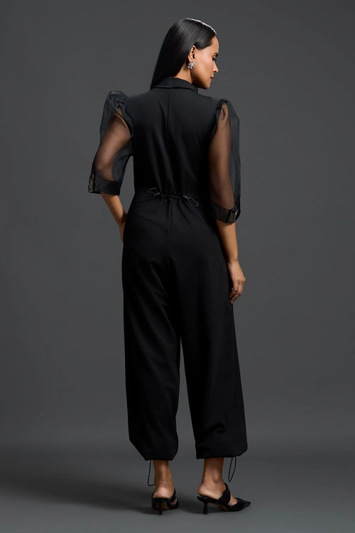 Black Organza Puff Sleeve Metallic Panel Jumpsuit