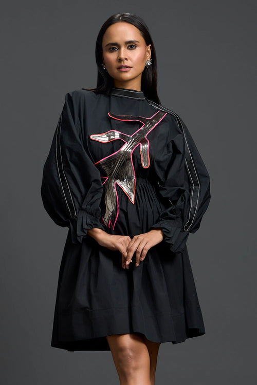 Black Gathered Dress with Metallic Patch