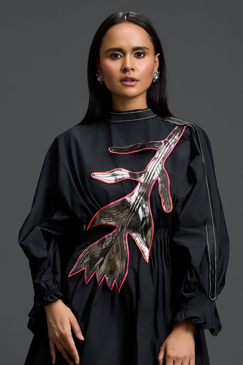 Black Gathered Dress with Metallic Patch