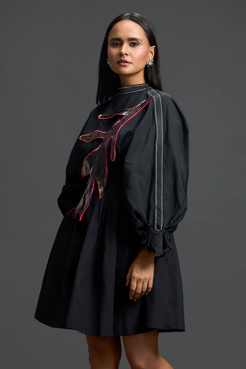 Black Gathered Dress with Metallic Patch
