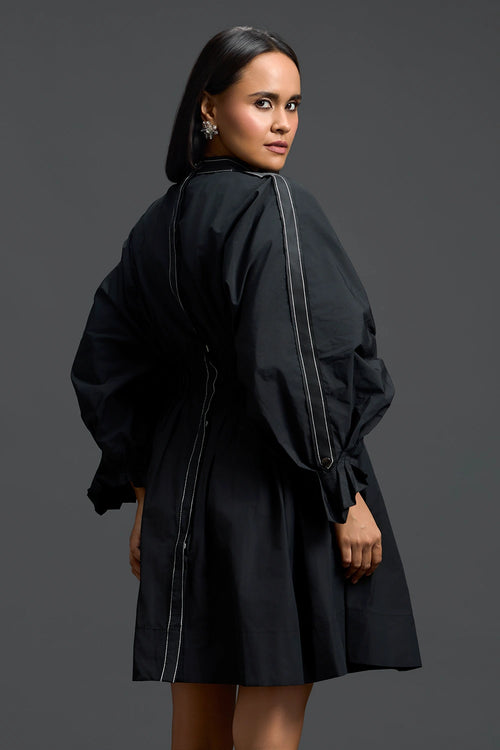 Black Gathered Dress with Metallic Patch