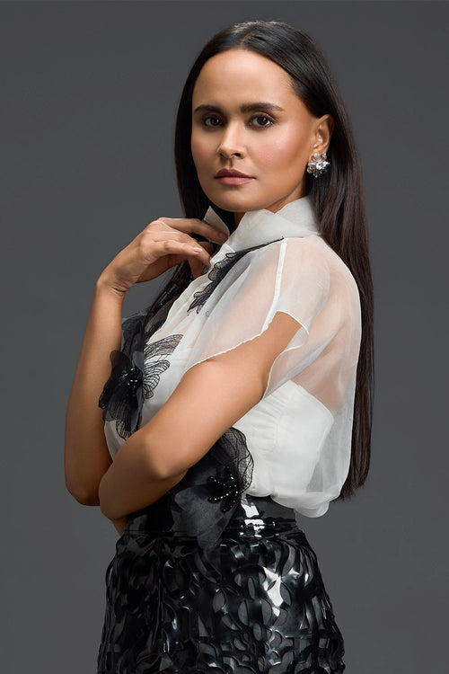 Monochrome Organza Top and Cutwork Skirt Set