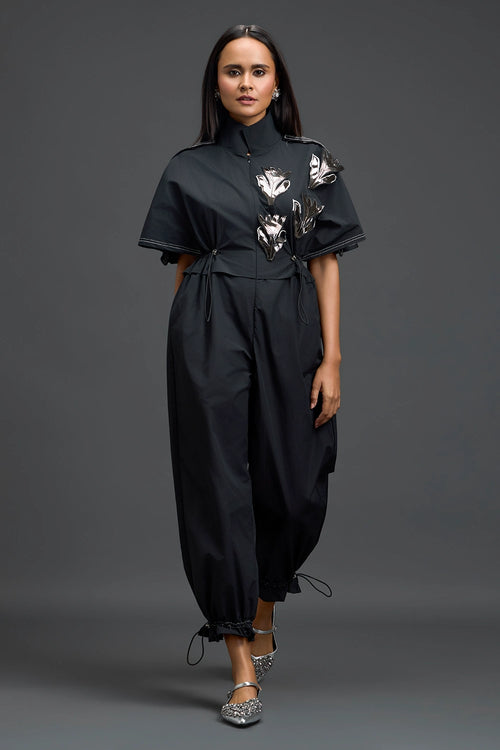 Black Metallic Floral Drawstring Jumpsuit