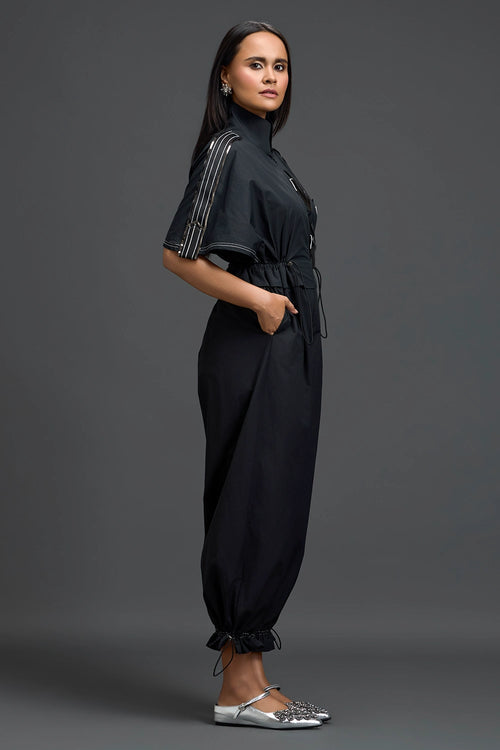 Black Metallic Floral Drawstring Jumpsuit