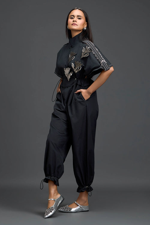 Black Metallic Floral Drawstring Jumpsuit