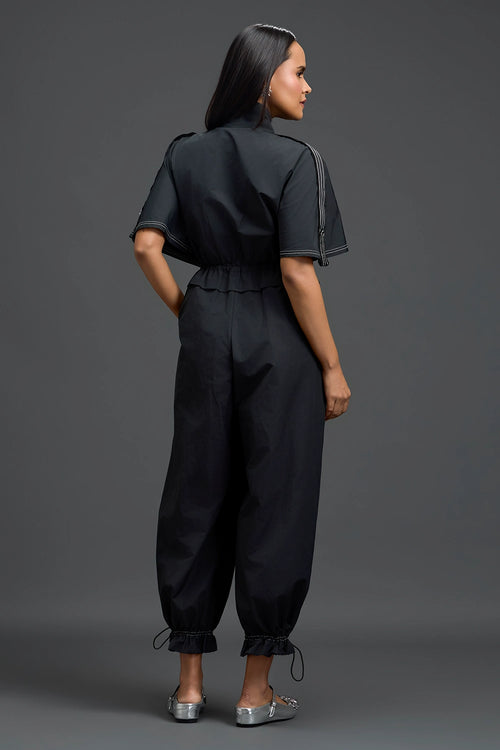 Black Metallic Floral Drawstring Jumpsuit
