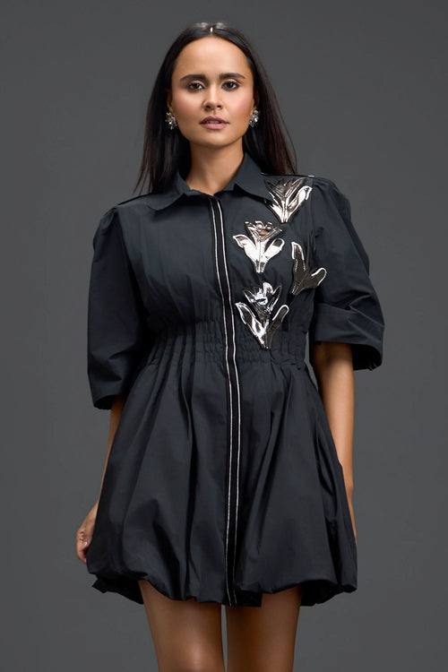 Black Metallic Floral Puff Sleeve Bubble Dress