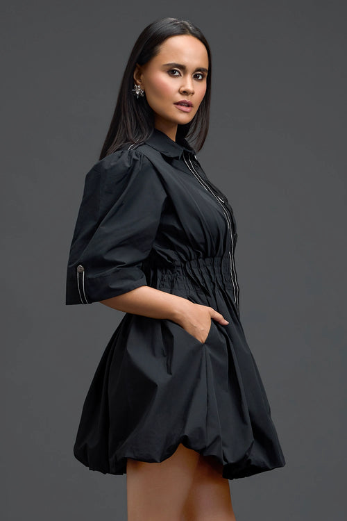 Black Metallic Floral Puff Sleeve Bubble Dress