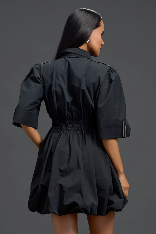 Black Metallic Floral Puff Sleeve Bubble Dress