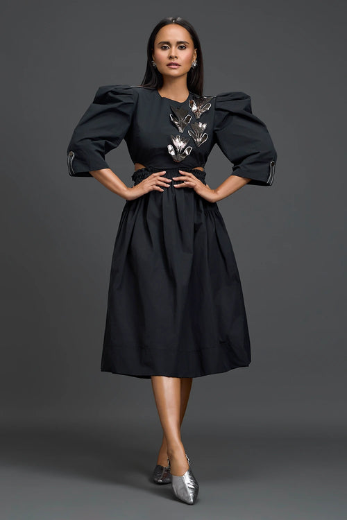 Black Open-Back Floral Puff Sleeve Midi Dress