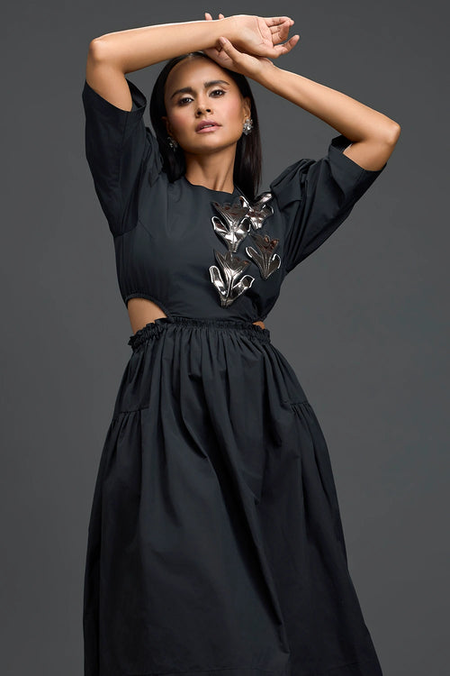 Black Open-Back Floral Puff Sleeve Midi Dress