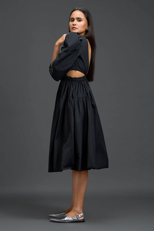 Black Open-Back Floral Puff Sleeve Midi Dress