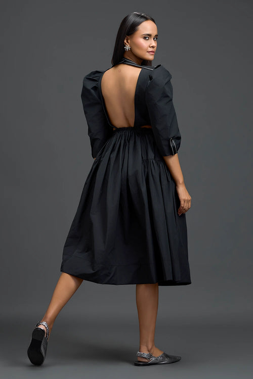 Black Open-Back Floral Puff Sleeve Midi Dress