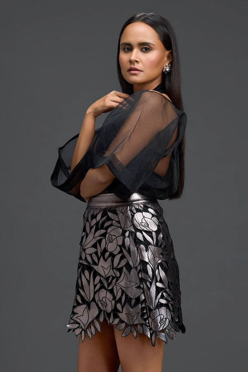 Gunmetal Floral Laser-Cut Mini Skirt