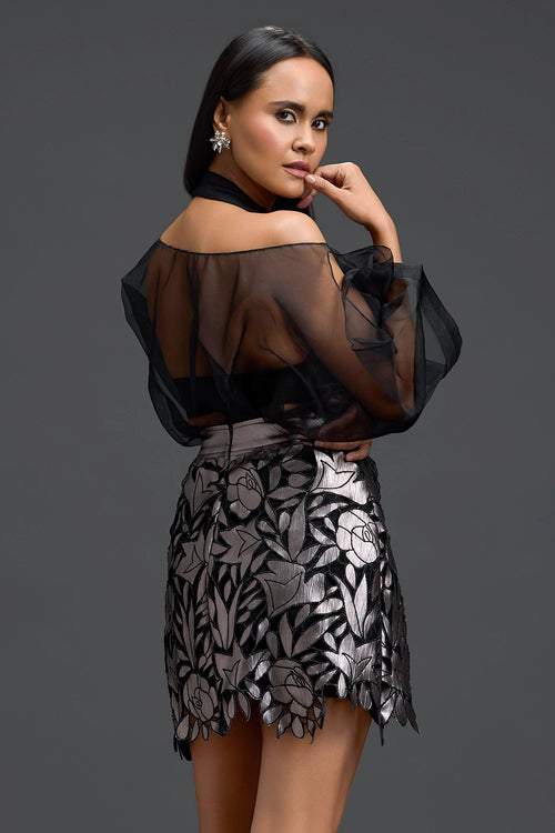 Gunmetal Floral Laser-Cut Mini Skirt