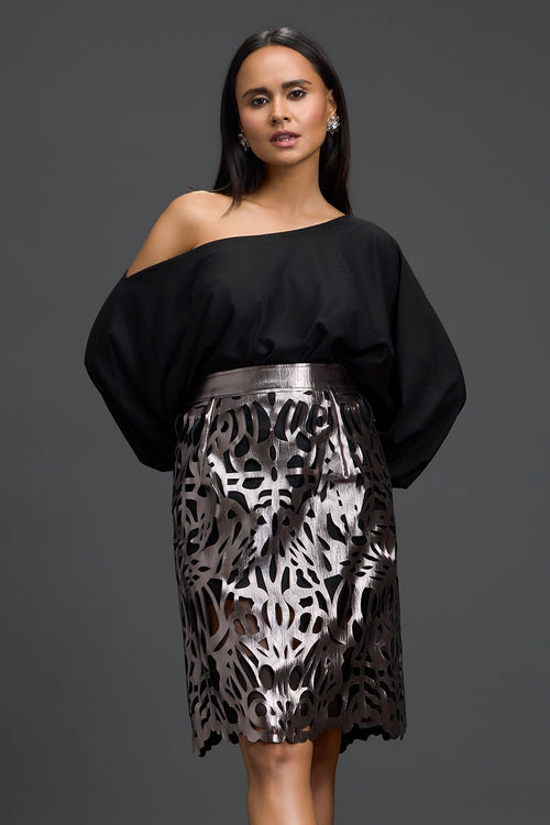 Black Off-Shoulder Top and Gunmetal Cutwork Skirt Set