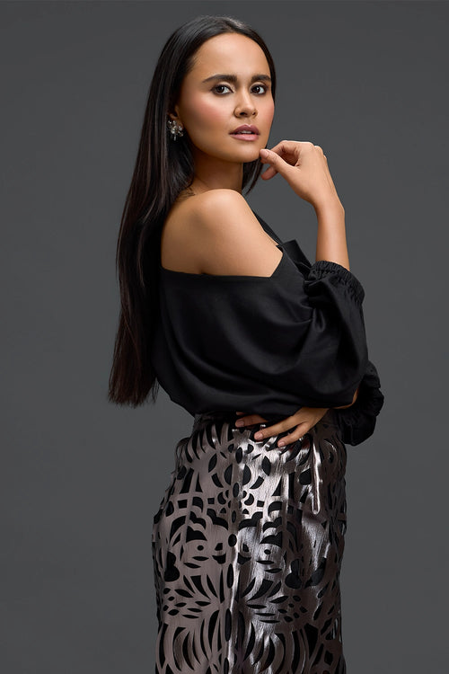 Black Off-Shoulder Top and Gunmetal Cutwork Skirt Set