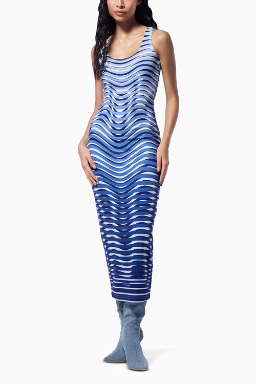 Optic Blue Midi Trompe L’Oeil Print Dress
