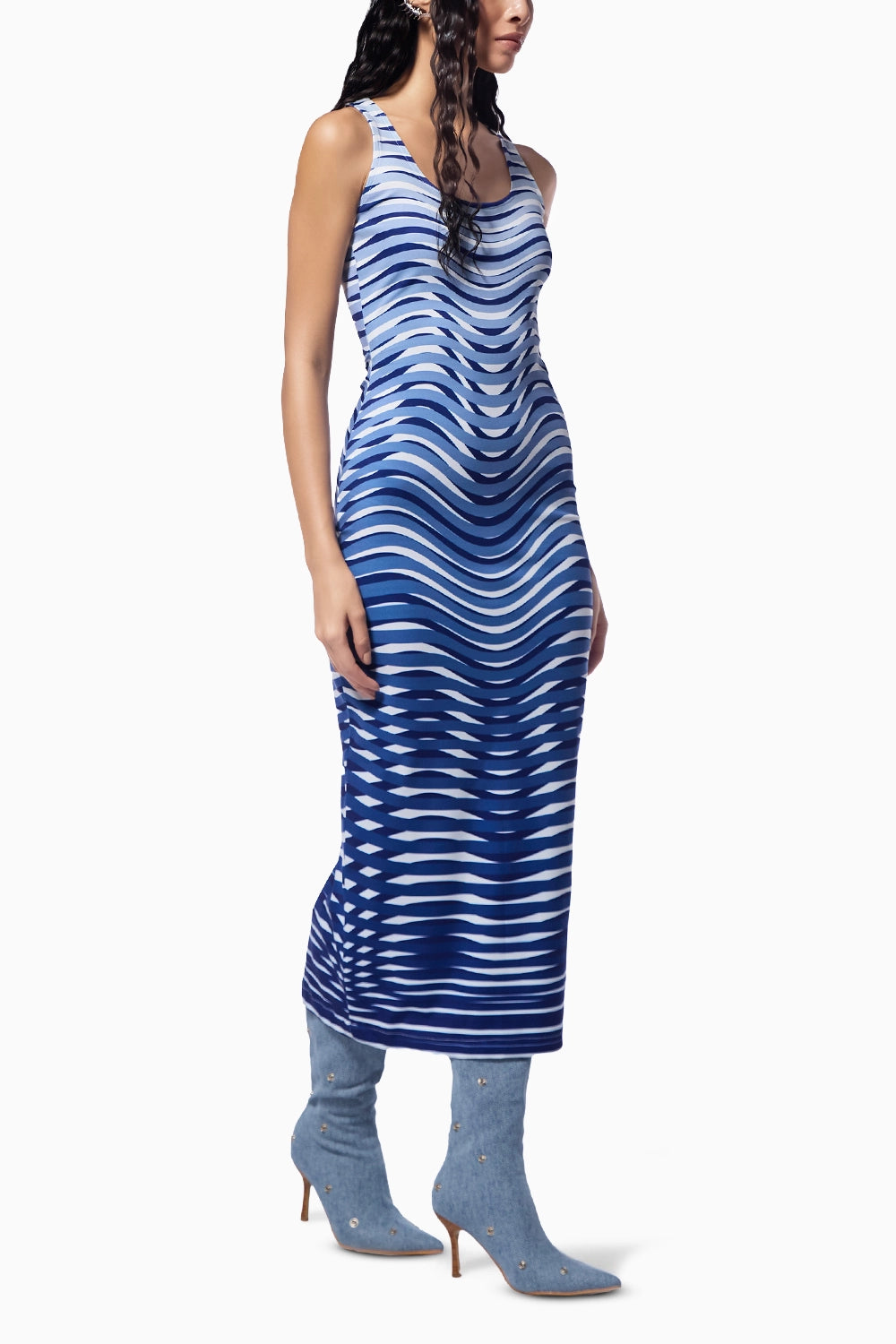 Optic Blue Midi Trompe L’Oeil Print Dress