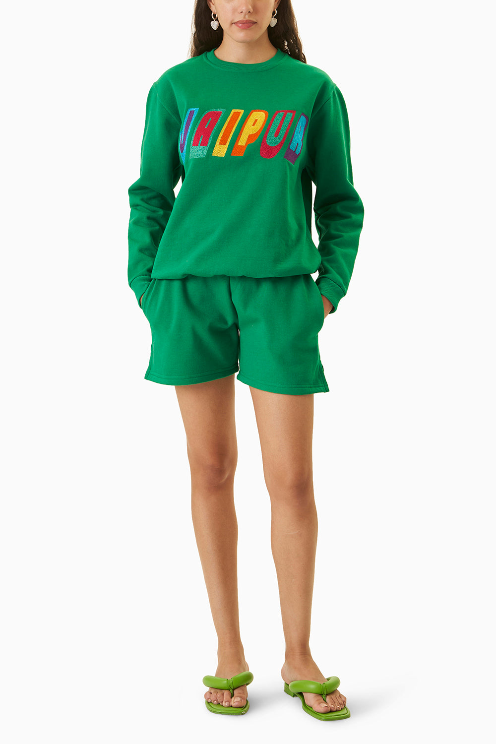 Green Jaipur Embroidered Sweatshirt With Kullu Shorts