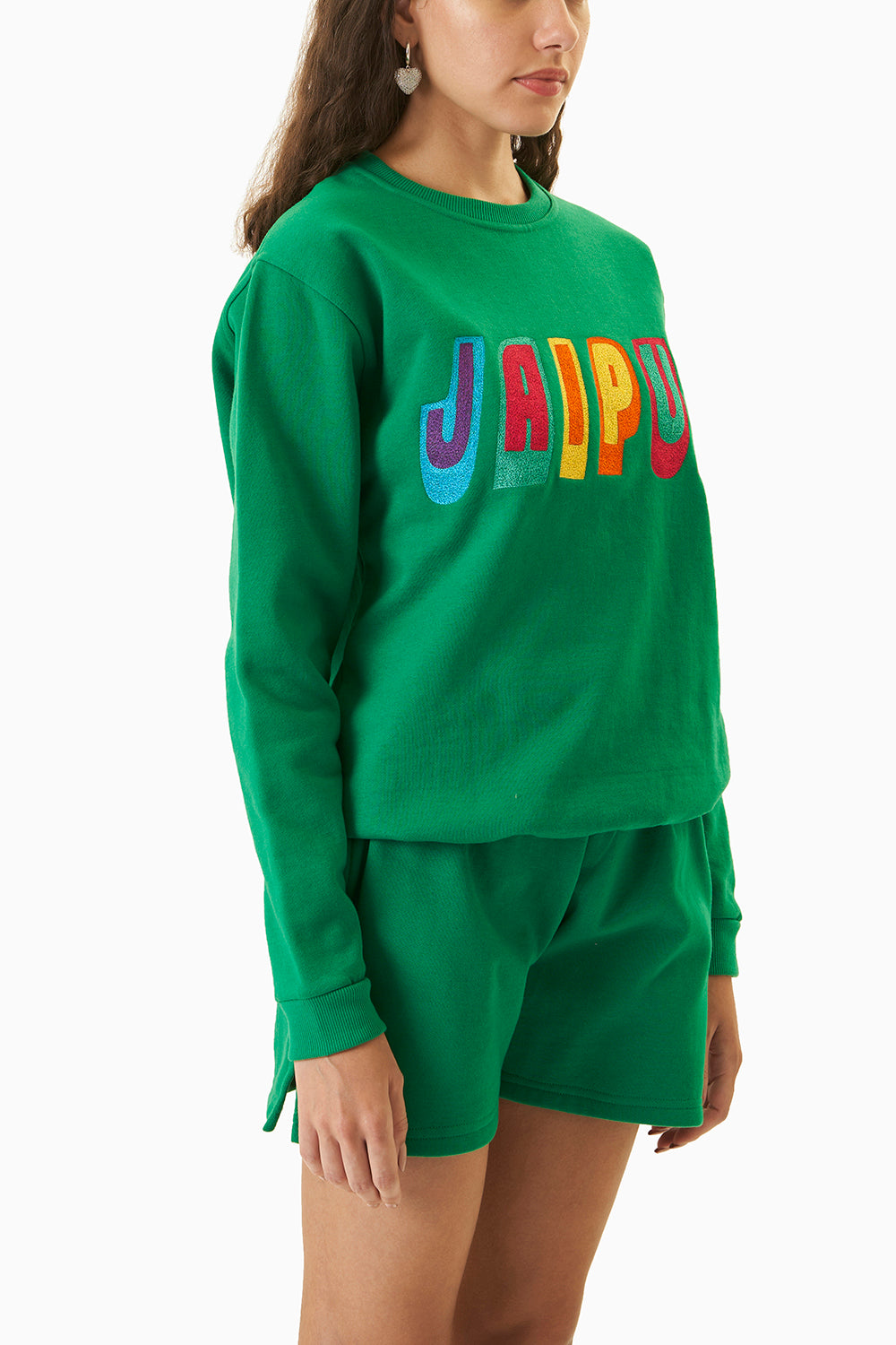 Green Jaipur Embroidered Sweatshirt With Kullu Shorts