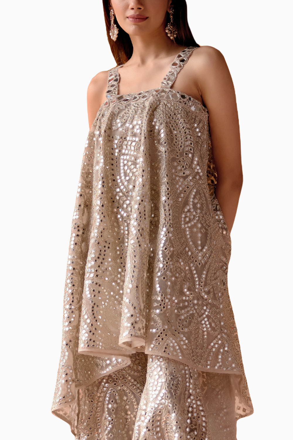 Silver Mirrorwork One Shoulder Strap Cape with Bootcut Pants