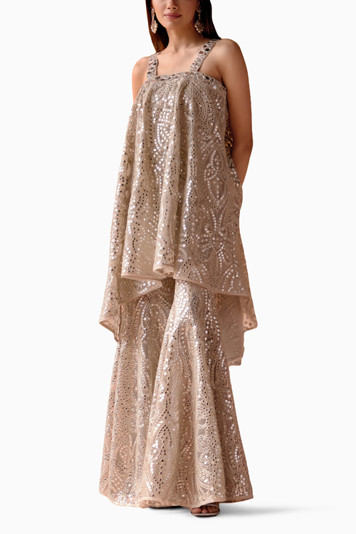 Silver Mirrorwork One Shoulder Strap Cape with Bootcut Pants