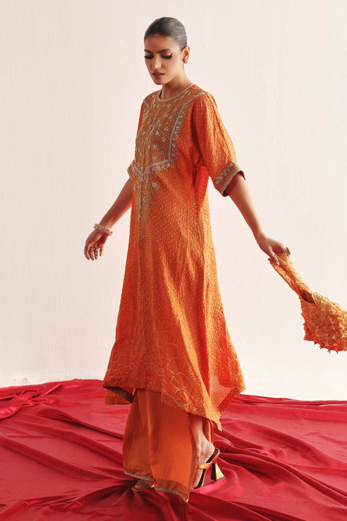 Mandarin Bandhani Long Kaftan Kurta With Marodiwork & Skirt