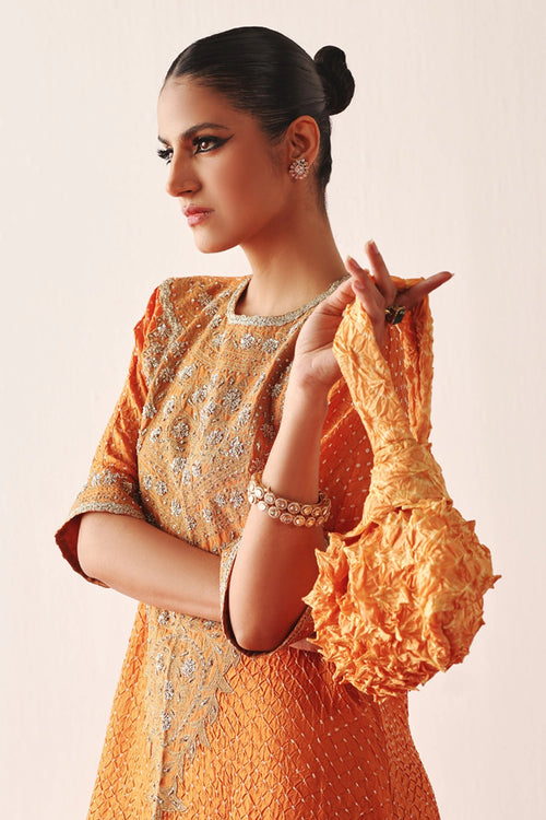 Mandarin Bandhani Long Kaftan Kurta With Marodiwork & Skirt