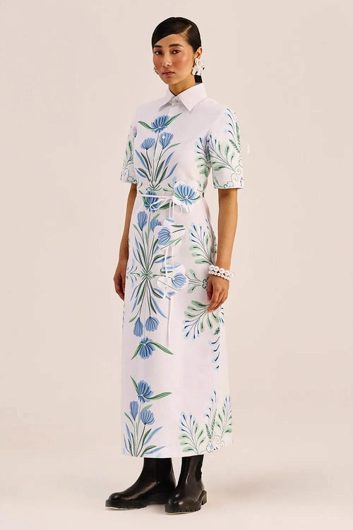 Blue-Green Botanical Print Midi Dress